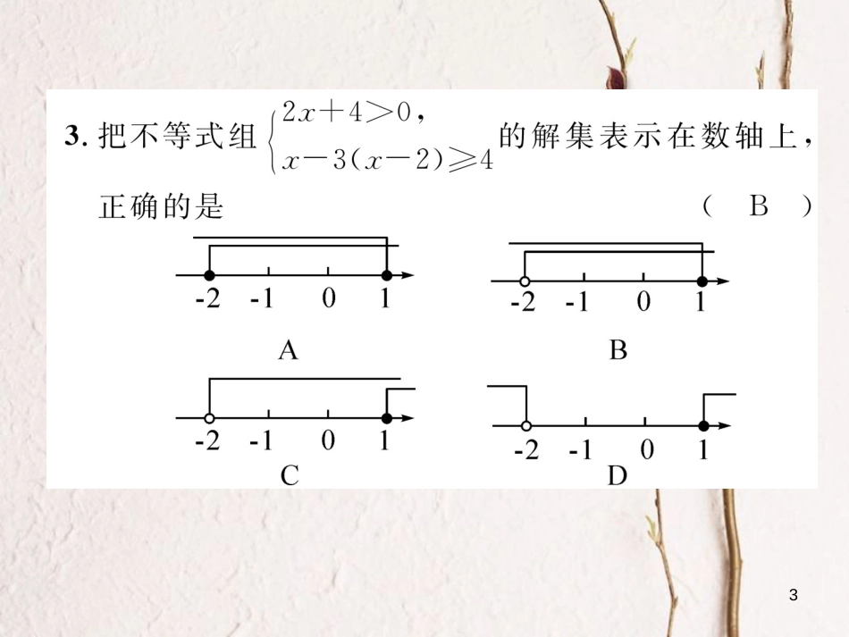 （青海专版）中考数学复习 第1编 教材知识梳理篇 第2章 方程（组）与不等式（组）第4节 一元一次不等式（组）及应用（精练）课件_第3页