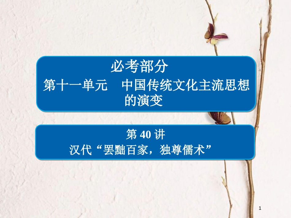 2019届高考历史一轮复习 第十一单元 中国传统文化主流思想的演变 40 汉代“罢黜百家，独尊儒术”课件 新人教版_第1页