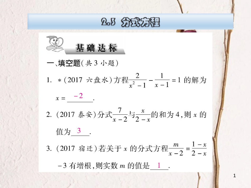 云南省中考数学总复习 第二章 方程（组）与不等式（组）2.3 分式方程课件_第1页