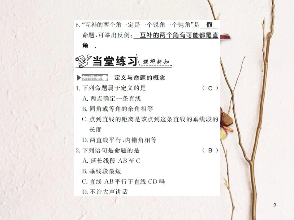 八年级数学上册 7.2 定义与命题 第1课时 定义与命题的概念习题课件 （新版）北师大版_第2页