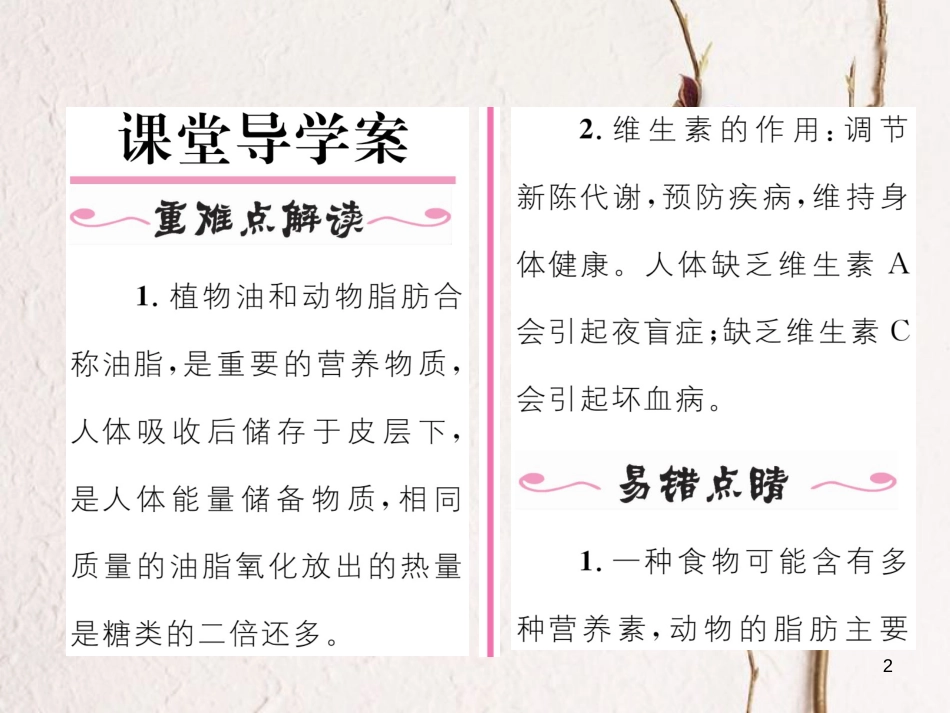 九年级化学下册 第12单元 化学与生活 课题1 人类重要的营养物质（第2课时）油脂和维生素作业课件 （新版）新人教版_第2页