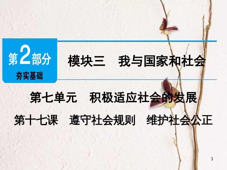 广东省年中考政治 第2部分 夯实基础 模块三 我与国家和社会 第七单元 积极适应社会的发展 第17课 遵守社会规则 维护社会公正精讲课件_第1页