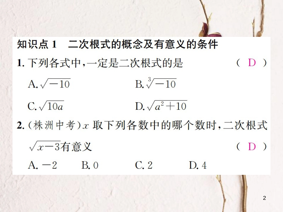 八年级数学上册 5.1 二次根式 第1课时 二次根式的概念与性质习题课件 （新版）湘教版_第2页