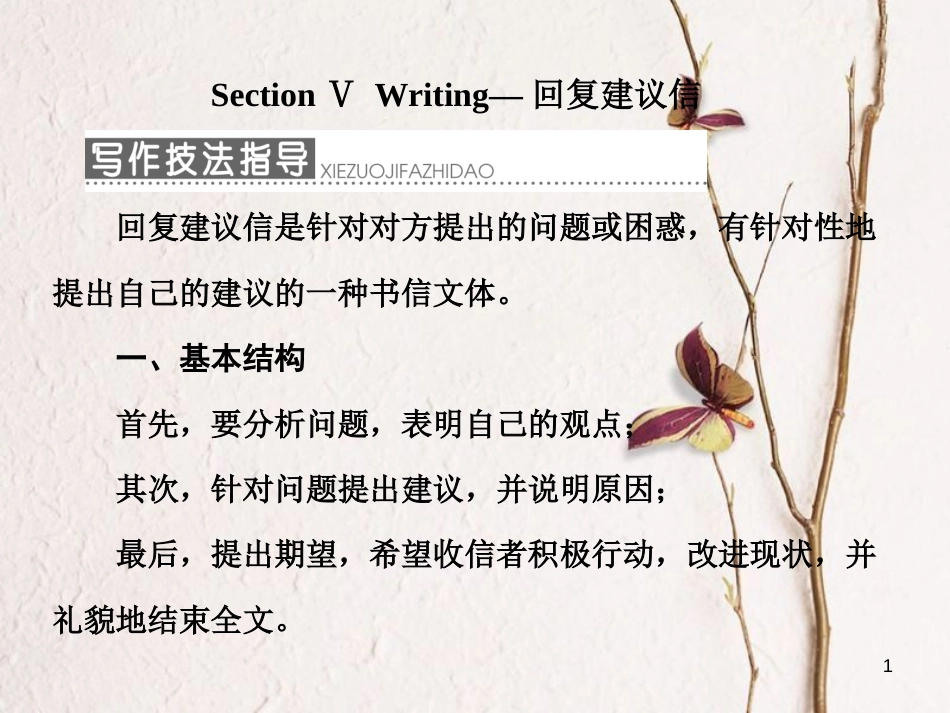 高中英语 Unit 3 A healthy life Section Ⅴ Writing-回复建议信课件 新人教版选修6_第1页