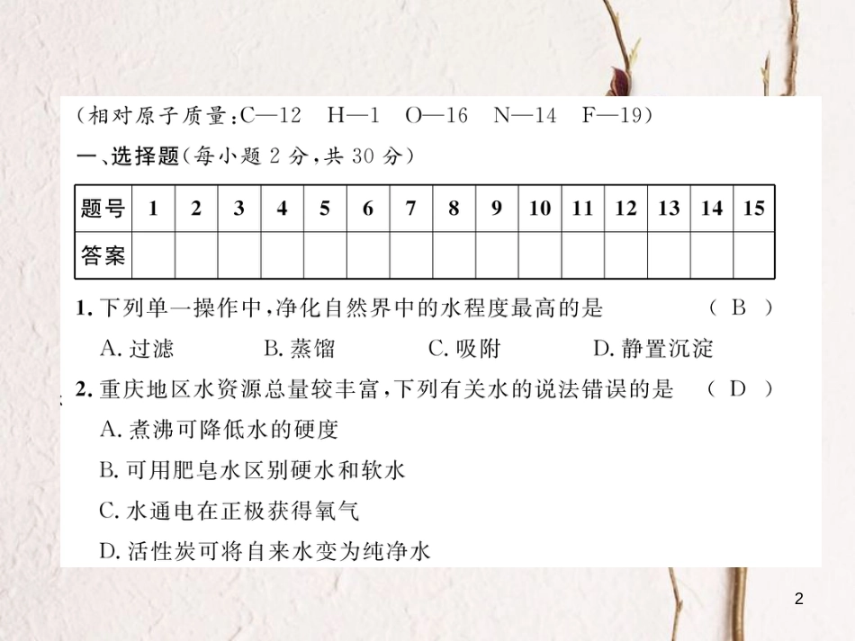 九年级化学上册 第4单元 自然界的水达标测试卷作业课件 （新版）新人教版_第2页