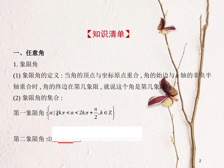 （江苏专版）2019版高考数学一轮复习 第三章 三角函数 3.1 三角函数的概念、同角三角函数的基本关系式及诱导公式课件_第2页