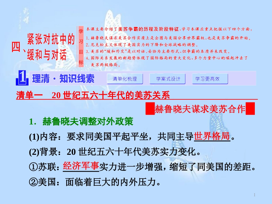 高中历史 专题四 雅尔塔体制下的冷战与和平 四  紧张对抗中的缓和与对话课件 人民版选修3_第1页