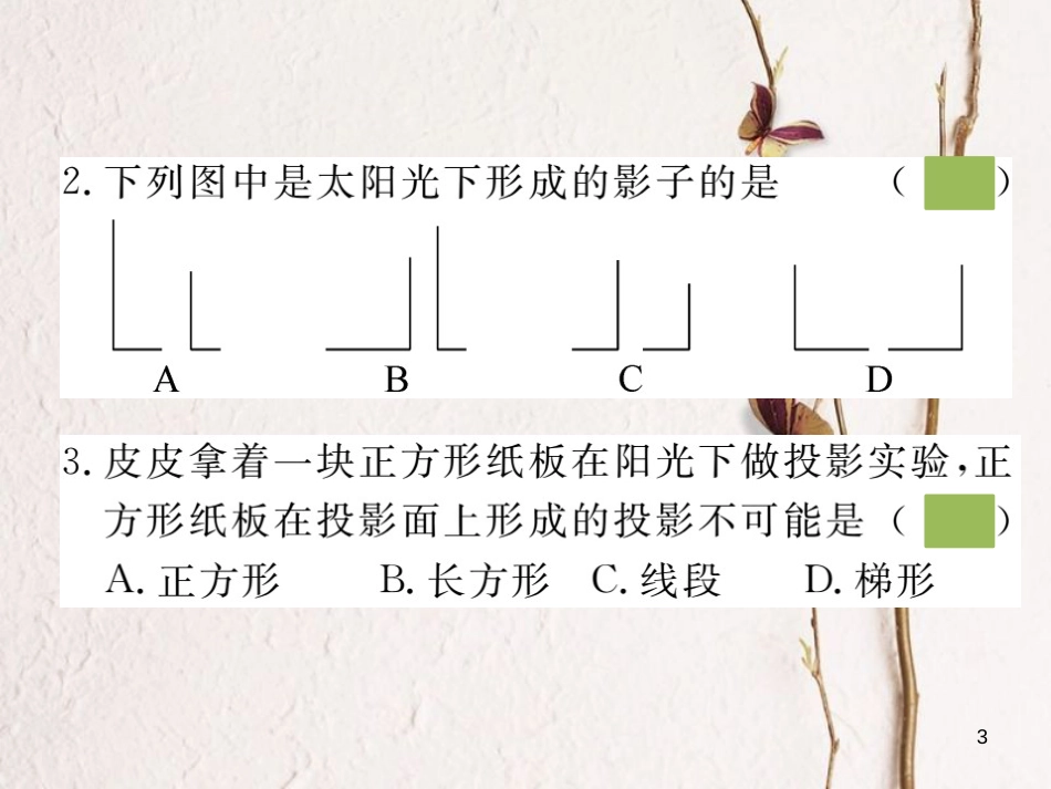 （安徽专版）九年级数学下册 第二十九章 投影与视图 29.1 第1课时 平行投影与中心投影练习课件 （新版）新人教版_第3页