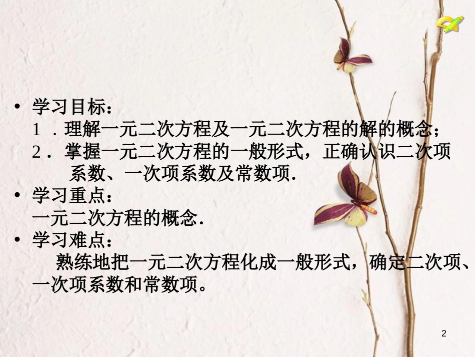 内蒙古鄂尔多斯市康巴什新区九年级数学上册 第21章 一元二次方程 21.1 一元二次方程课件 （新版）新人教版_第2页