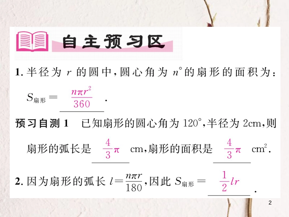 九年级数学下册 第2章 圆 2.6 弧长与扇形面积 第2课时 扇形的面积作业课件 （新版）湘教版_第2页