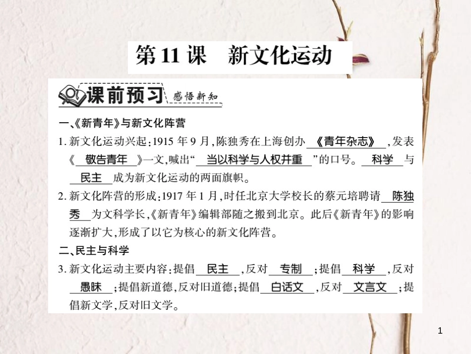 八年级历史上册 第2单元 辛亥革命与民国的创建 第11课 新文化运动习题课件 岳麓版_第1页