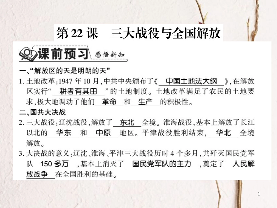 八年级历史上册 第5单元 人民解放战争的胜利 第22课 三大战役与全国解放习题课件 岳麓版_第1页