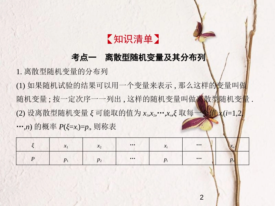 （浙江专版）2019版高考数学一轮复习 第十二章 概率与统计 12.3 离散型随机变量及其分布课件_第2页