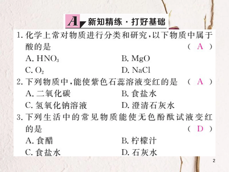 （安徽专版）九年级化学下册 10.1 常见的酸和碱 第1课时 酸碱指示剂 几种常见的酸练习课件 （新版）新人教版_第2页