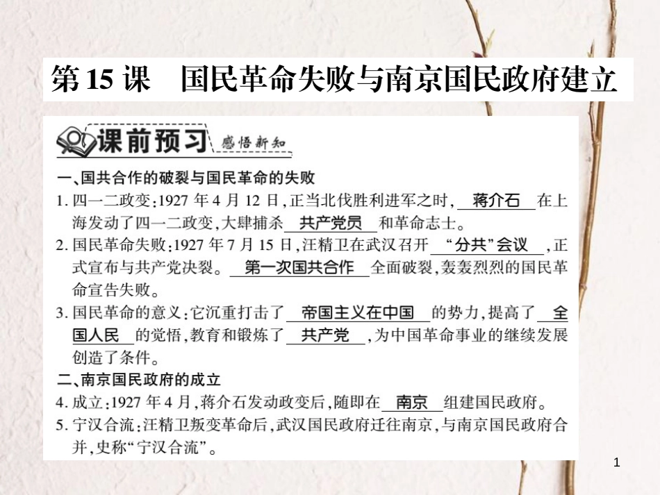 八年级历史上册 第3单元 新民主主义革命的兴起 第15课 国民革命失败与南京国民政府建立习题课件 岳麓版_第1页