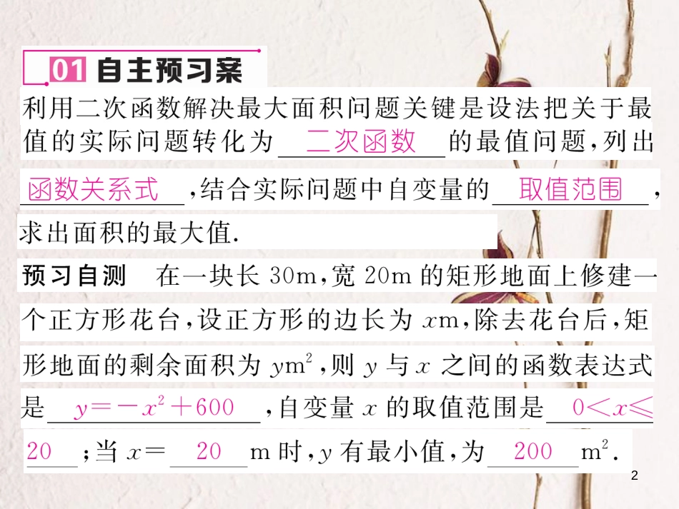 九年级数学下册 第2章 二次函数 4 二次函数的应用（第1课时）几何问题的应用作业课件 （新版）北师大版_第2页