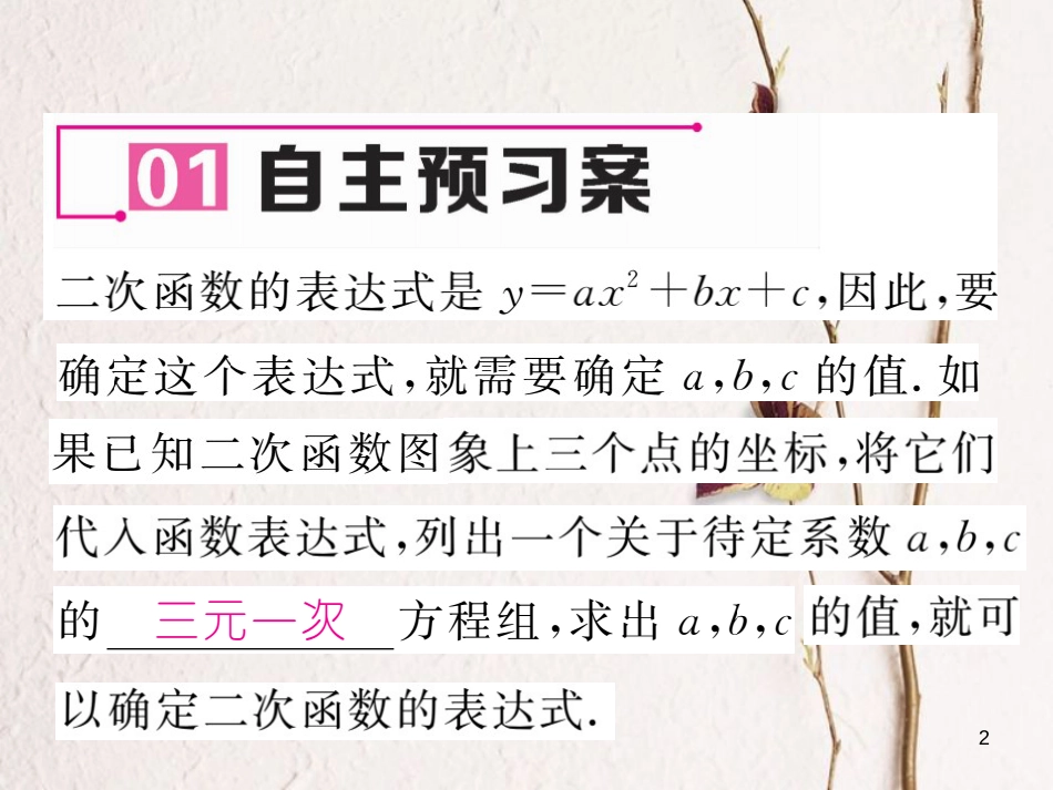 九年级数学下册 第1章 二次函数 1.3 不共线三点确定二次函数的表达式作业课件 （新版）湘教版_第2页