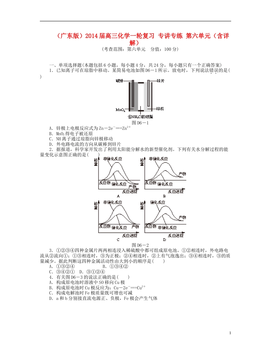 广东版2014届高三化学一轮复习 专讲专练 第六单元含详解_第1页