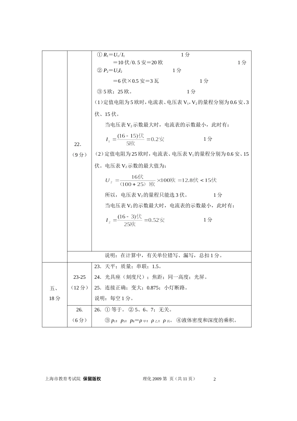 上海市初中毕业生统一学业考试 物理答案_第2页