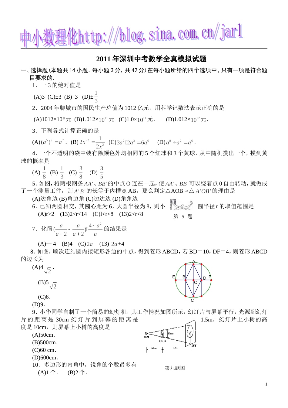 广东深圳中考数学全真模拟试题_第1页