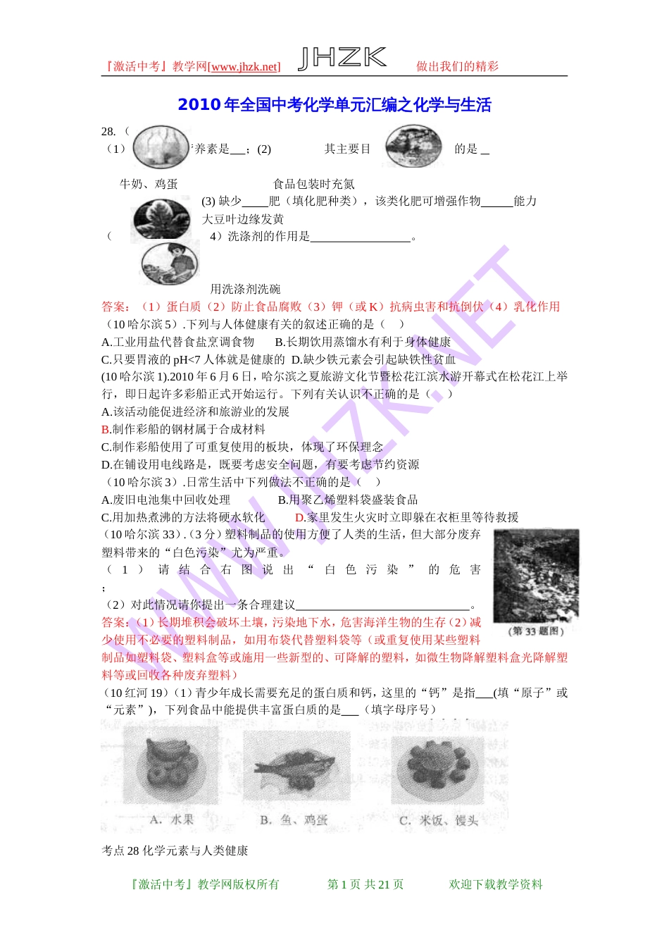 全国中考化学单元汇编之化学与生活[共21页]_第1页