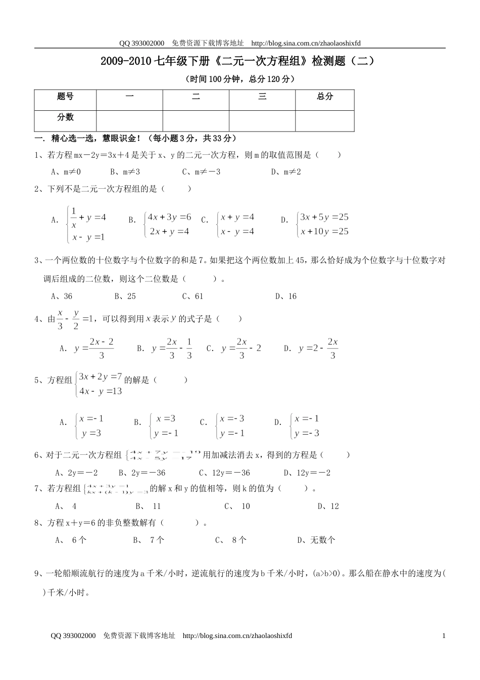 20092010学年度七年级下册《二元一次方程组》检测题二_第1页