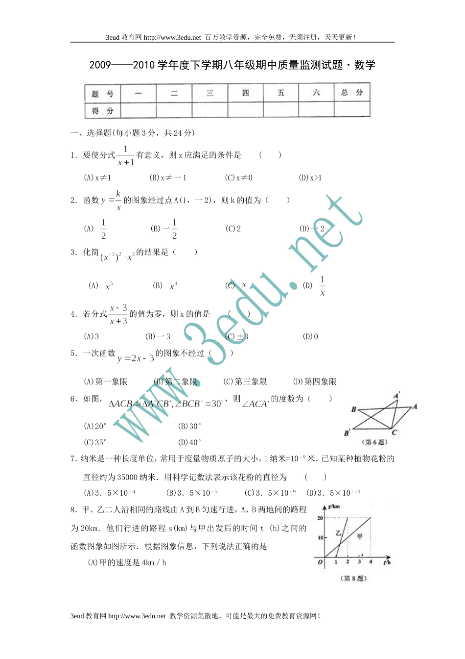 八年级数学下册期中质量监测试题[共10页]_第1页