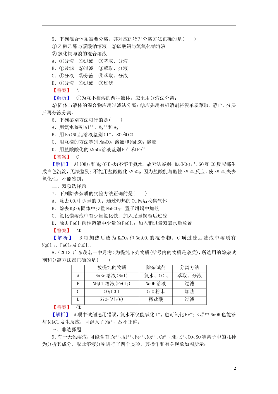 广东专用2014届高考化学一轮复习 1.2物质的分离和提纯单元课时测练含解析_第2页