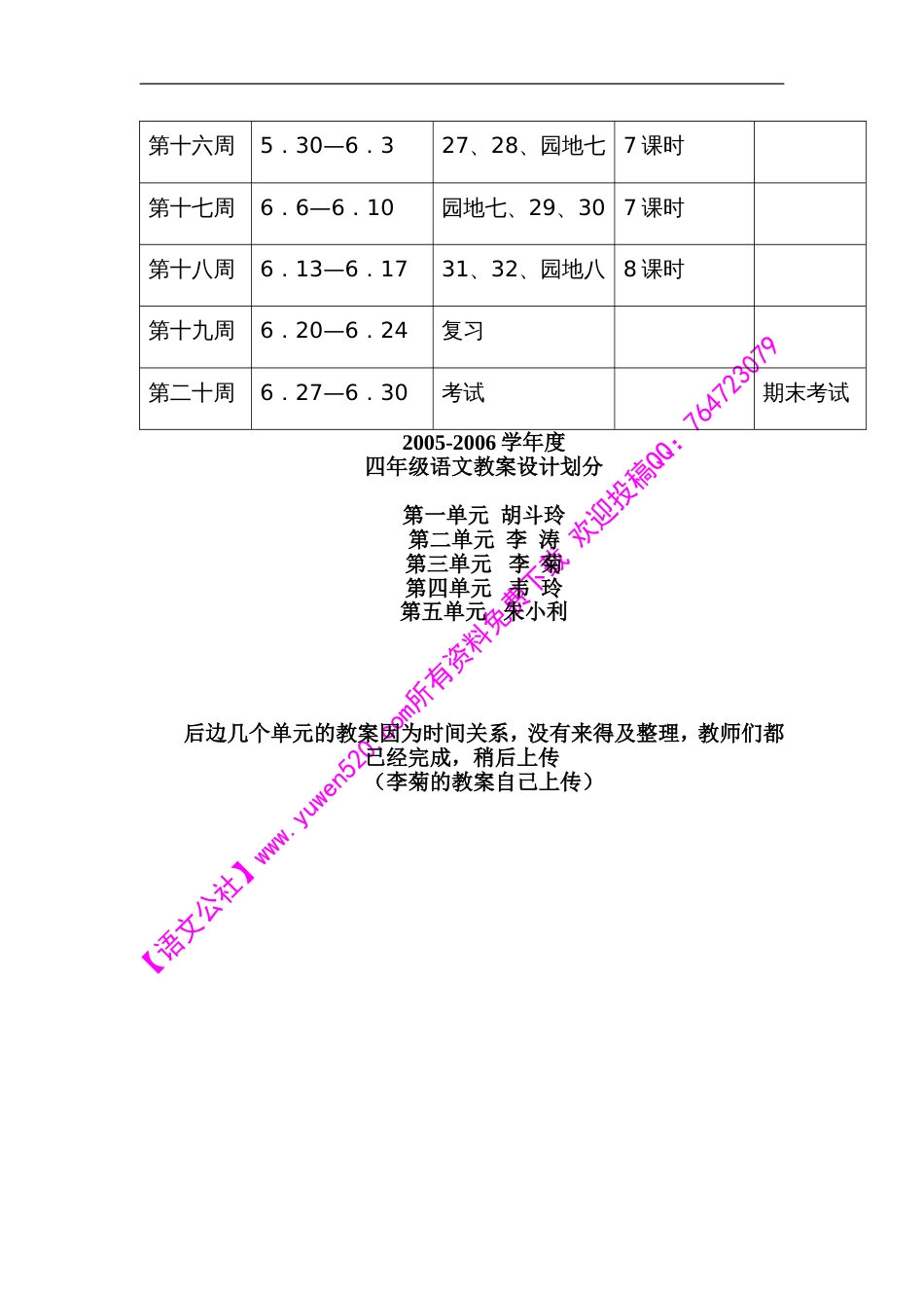 人教课标版四年级下册语文表格式课时教学计划_第2页