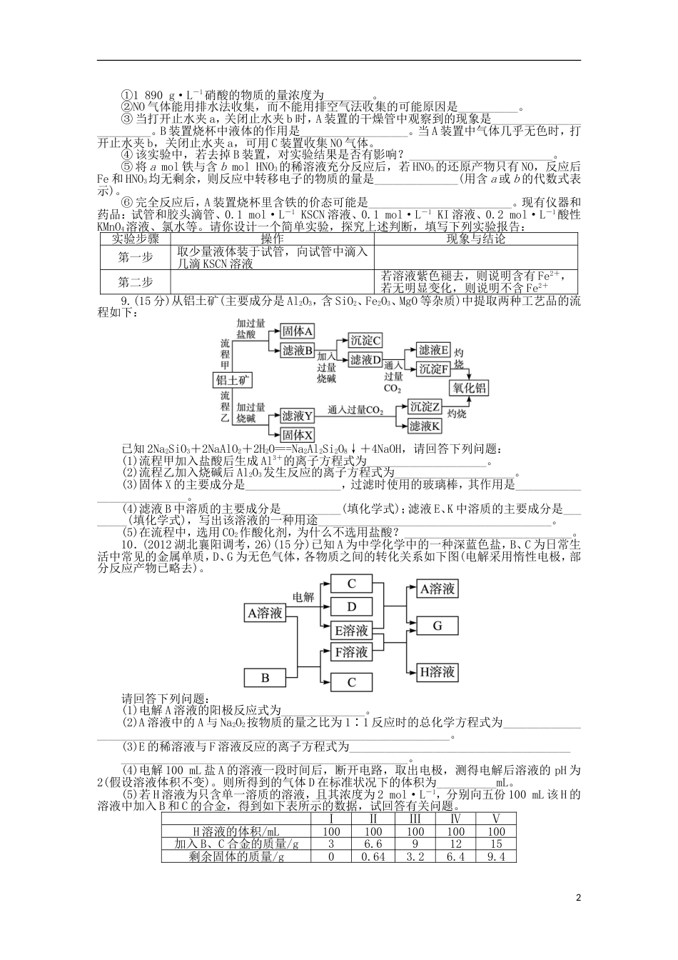 全国版高考化学二轮复习 常见金属元素单质及其重要化合物专题升级训练卷_第2页