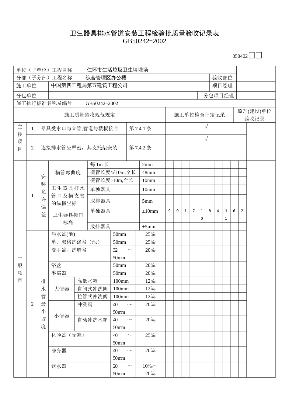 542卫生器具排水管道安装工程检验批质量验收记录表[共2页]_第2页