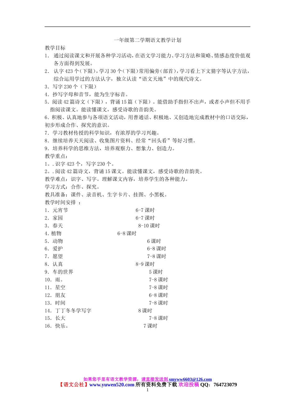 北师大一年级下册全册教案及教学计划_第1页