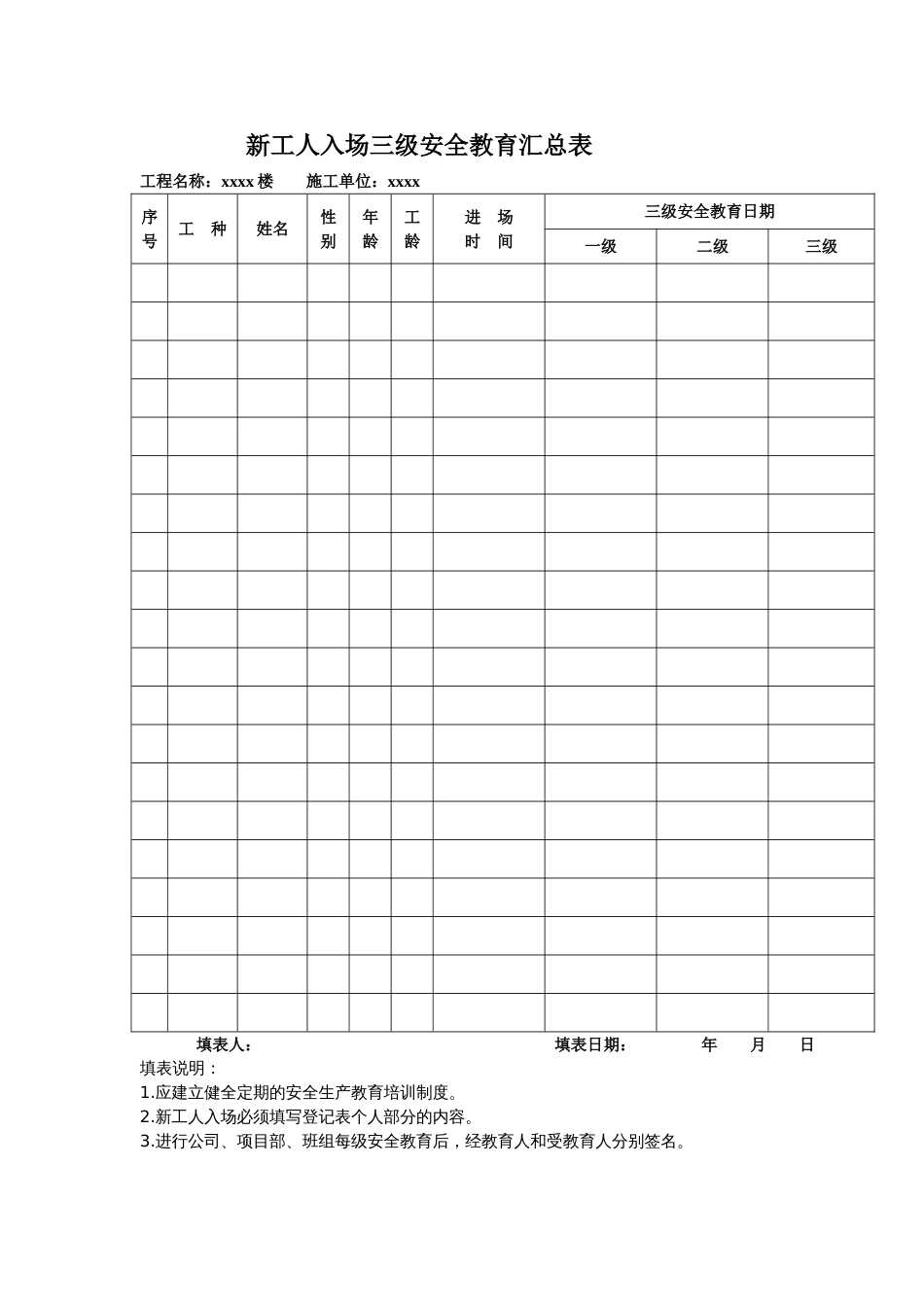 使用建筑三级安全教育表格大全[24页]_第1页