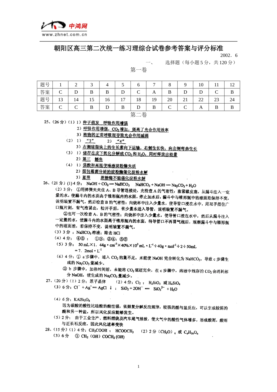 北京朝阳区高三理科综合二模试题答案_第1页