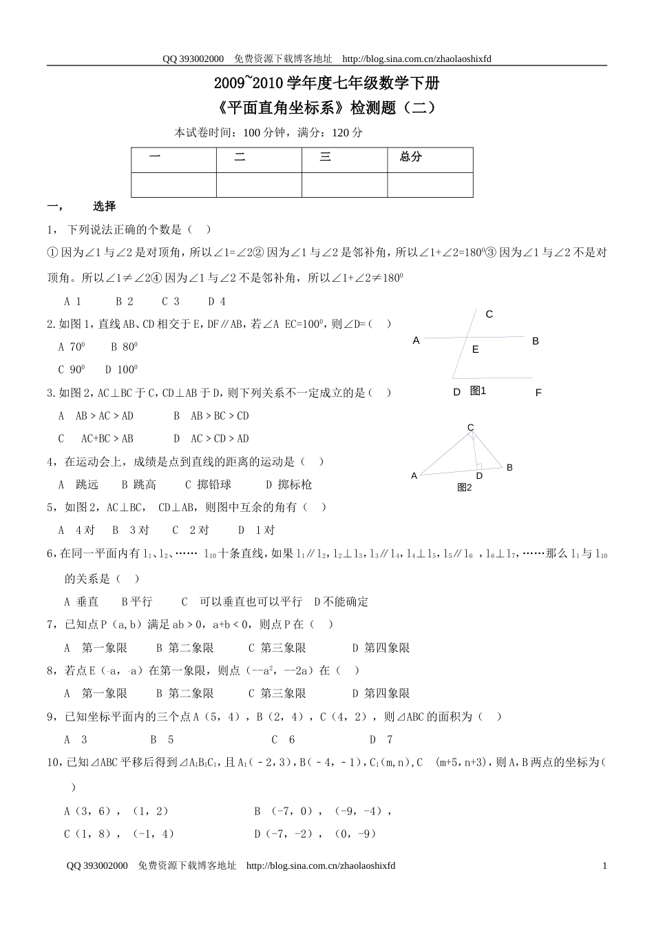 20092010学年度七年级下册《平面直角坐标系》检测题二_第1页