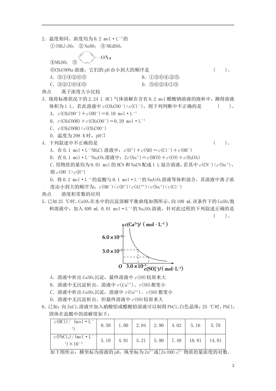 安徽专用2013版高考化学二轮复习 热点狂练七 水溶液中的离子平衡的3个热点问题 新人教版_第2页