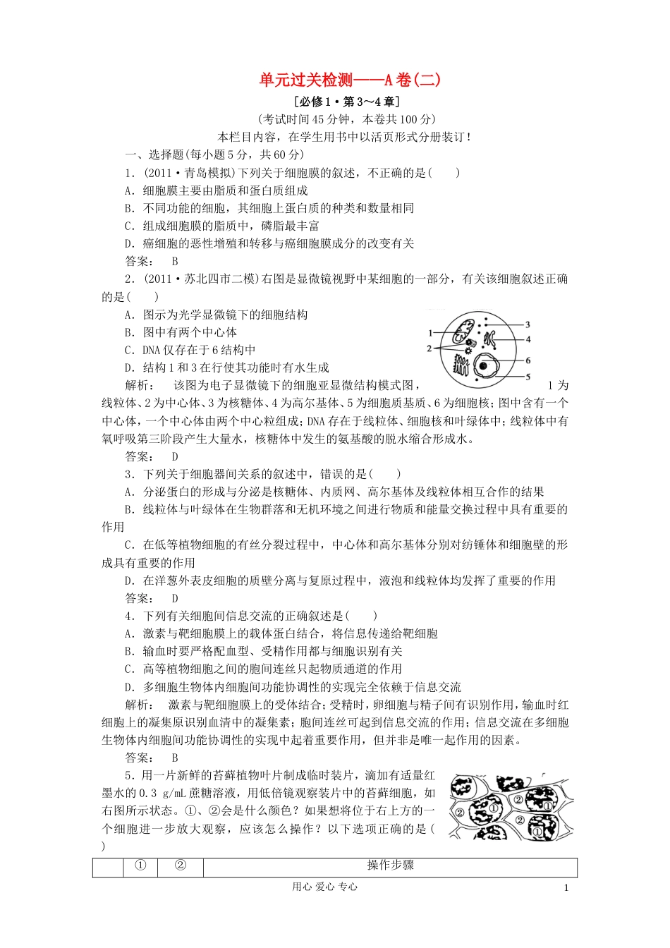 【金版新学案】高考生物总复习检测 第34章 单元高效整合A卷 新人教版必修1_第1页