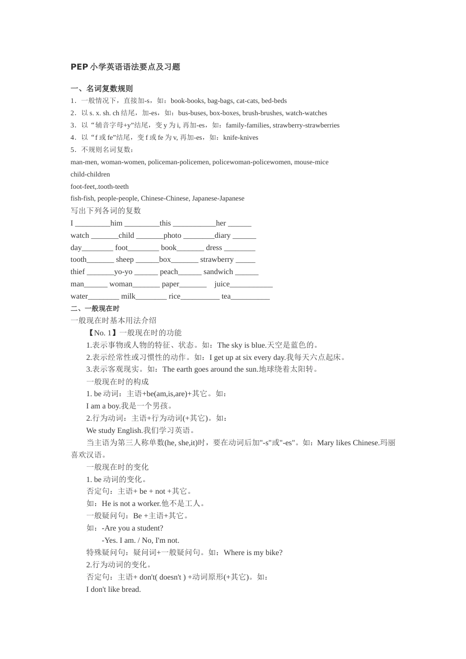 PEP小学英语语法要点及习题[共15页]_第1页