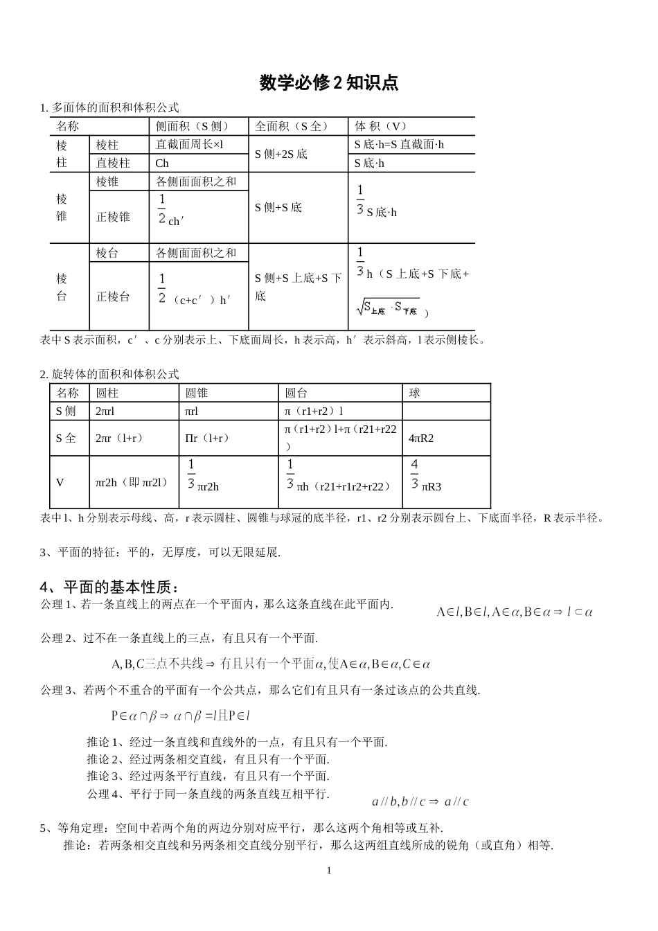 高一数学必修二各章知识点总结1_第1页