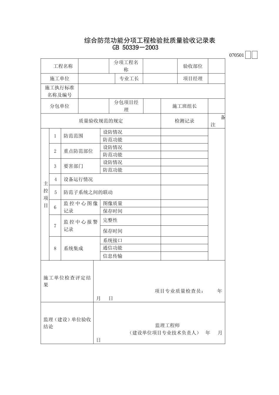 070501综合防范功能分项工程检验批质量验收记录表[2页]_第1页