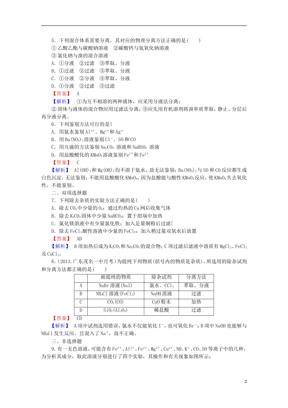 广东专用2014届高考化学一轮复习能力拔高 第3讲《物质的分离和提纯》_第2页