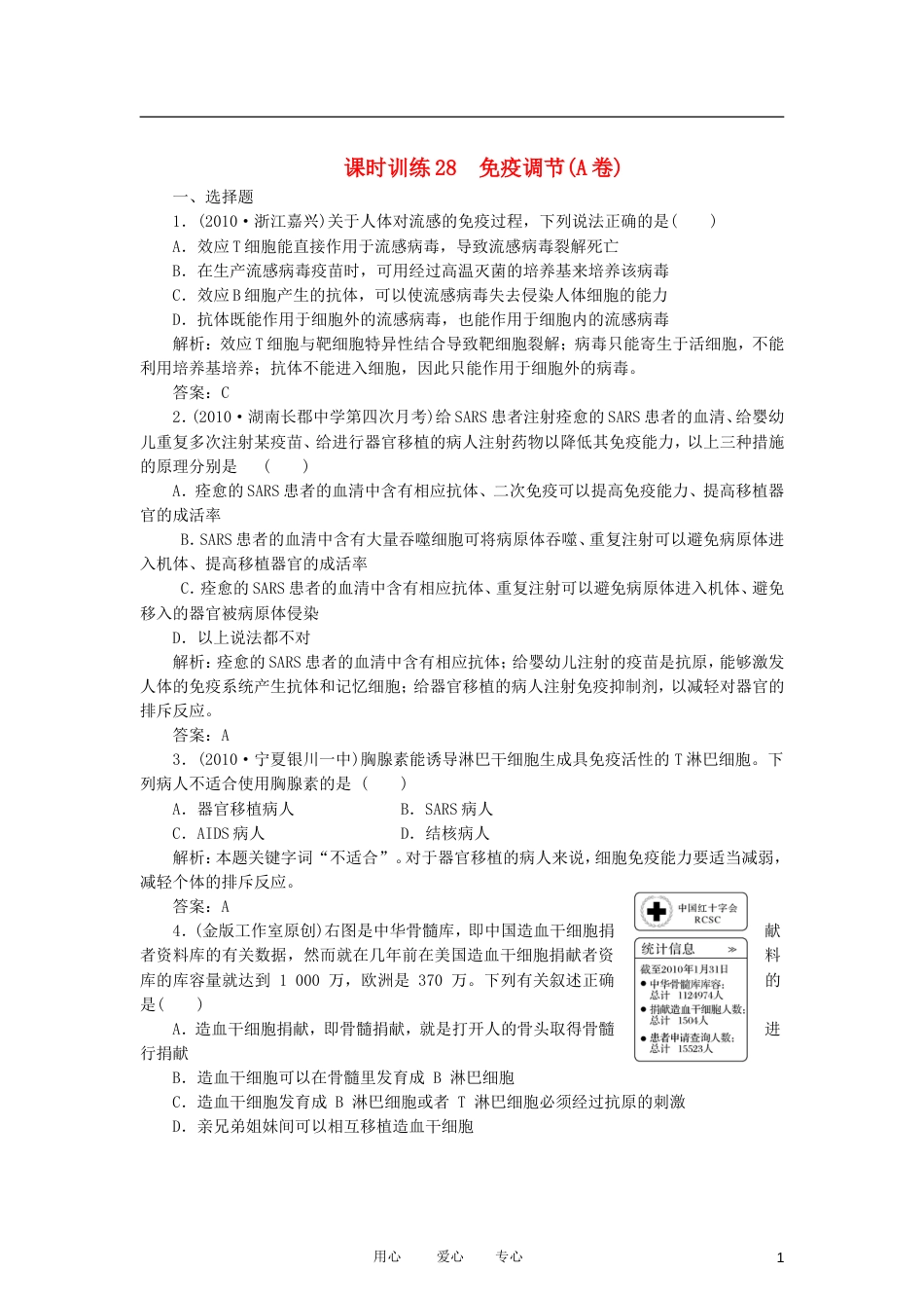 【金版教程】高三生物一轮复习 专题28 免疫调节课时训练 新人教版必修3_第1页