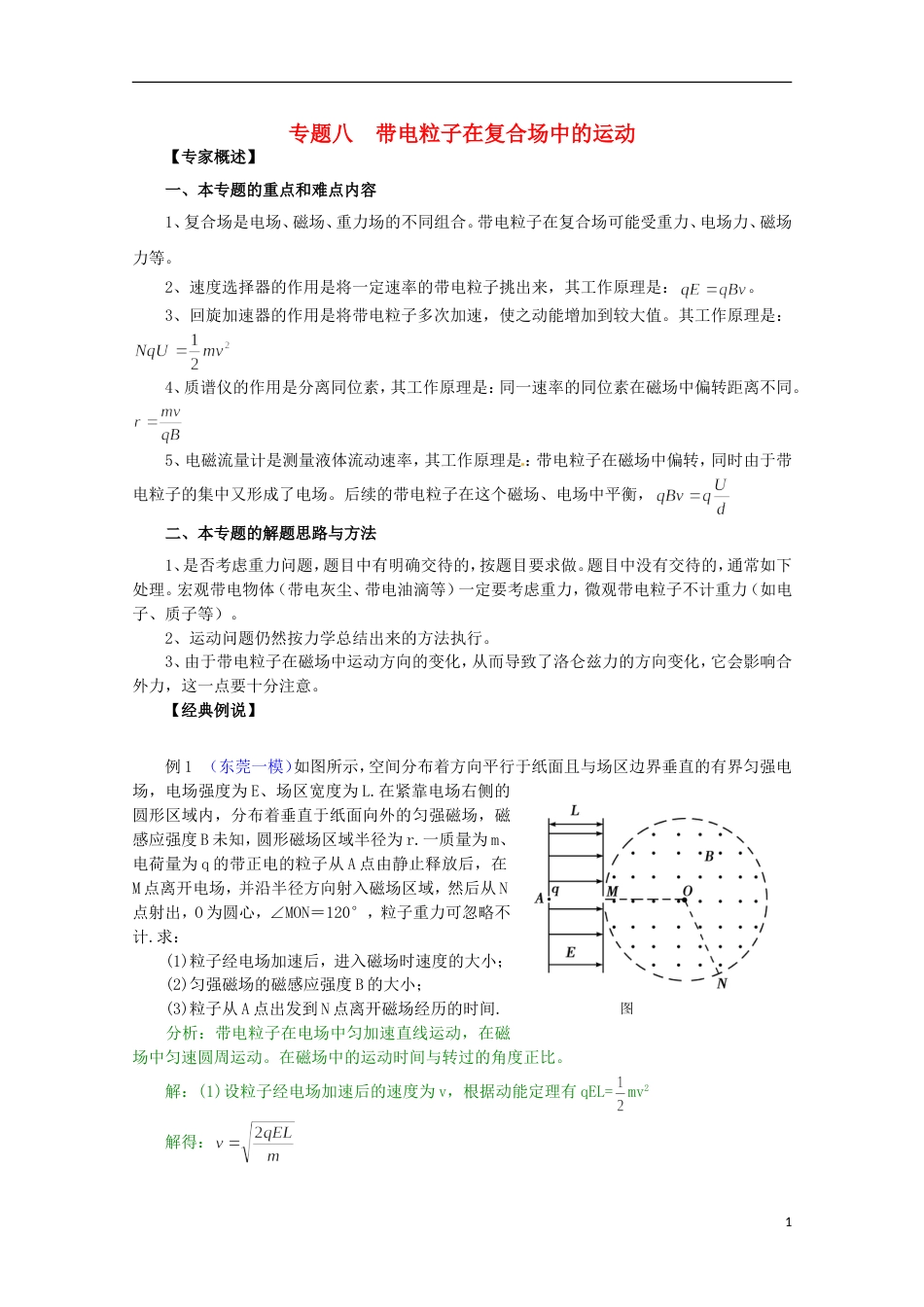 广东版2013届高三物理第二轮专题复习专家概述解题思路与方法专题测试专题八 带电粒子在复合场中的运动_第1页