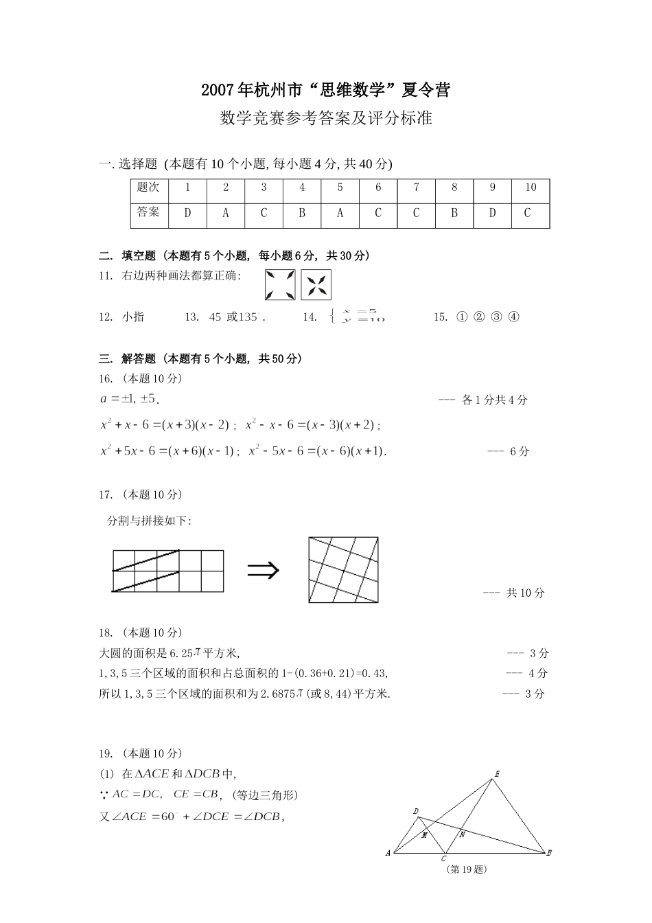 杭州市“思维数学”夏令营数学竞赛参考答案及评分标准_第1页