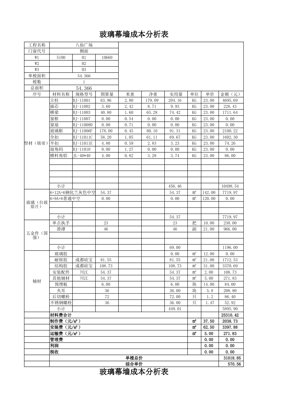 玻璃幕墙成本分析表国强[共3页]_第1页