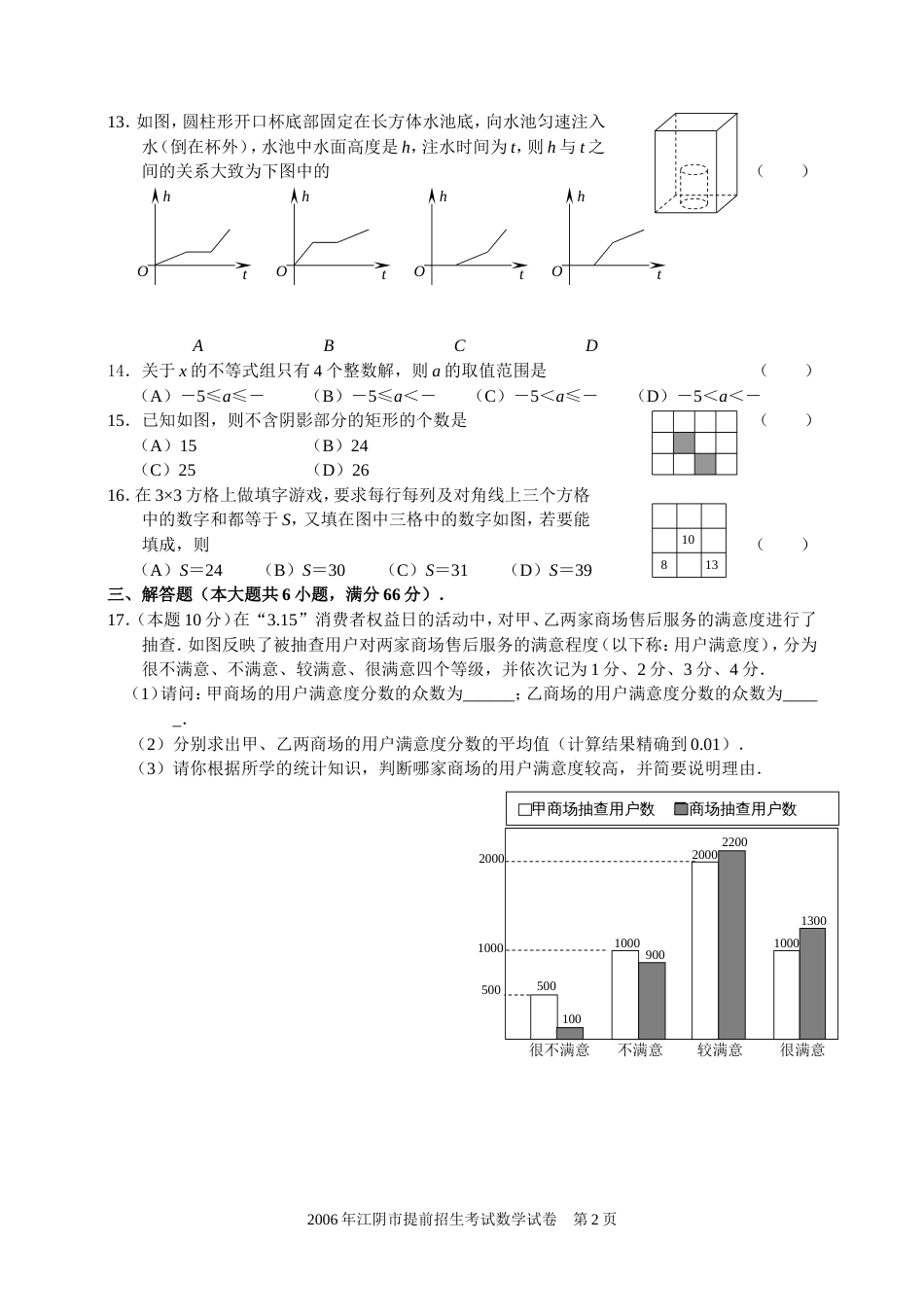 江苏省江阴市提前招生考试数学试卷及参考答案_第2页