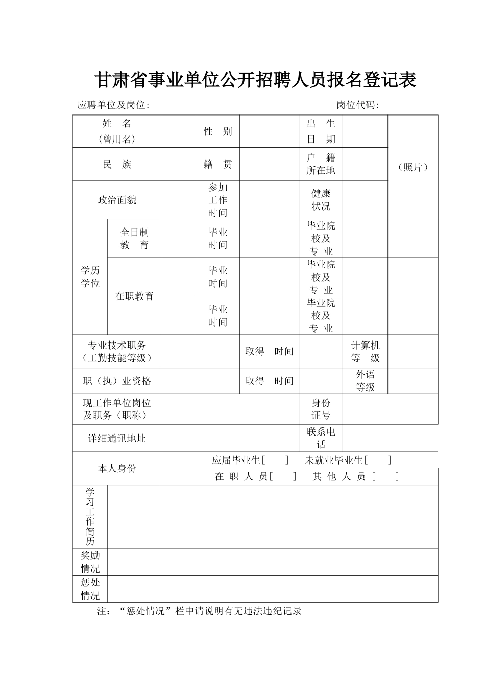 甘肃省事业单位公开招聘人员报名登记表[共3页]_第1页