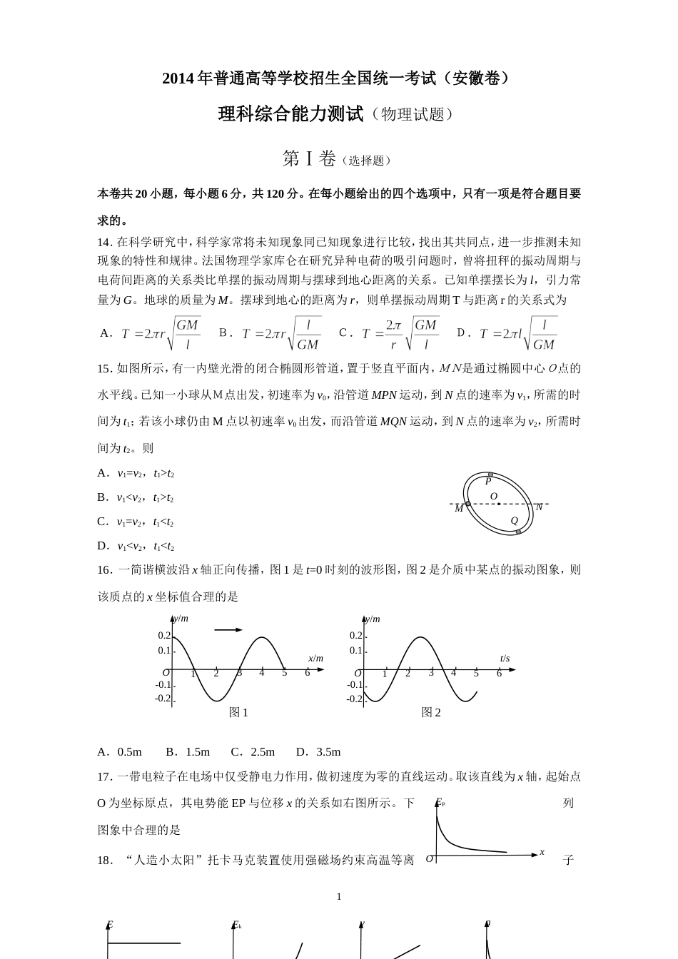 高考安徽卷理综物理精编版含答案_第1页