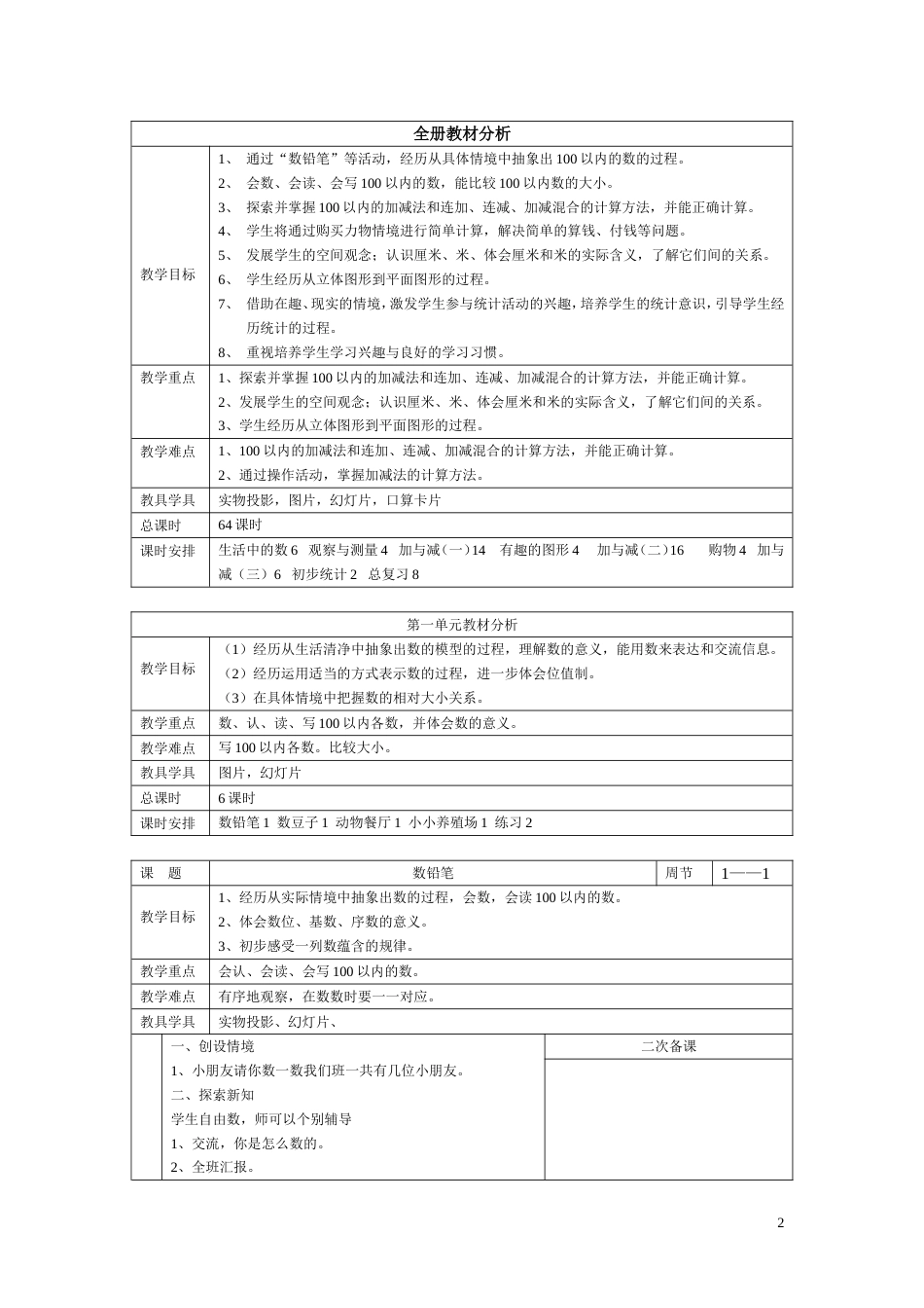 北师大版一年数学下全册教案[共59页]_第2页