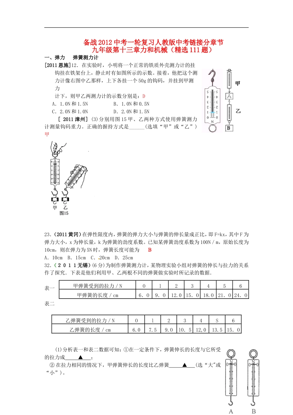 备战2012中考物理一轮复习分章节 九年级第十三章力和机械精选111题 人教新课标版_第1页